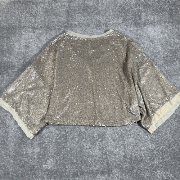 Free People Oversized Crop Top Women's Small Beige Sequin Embellished Drapey - Picture 2 of 7